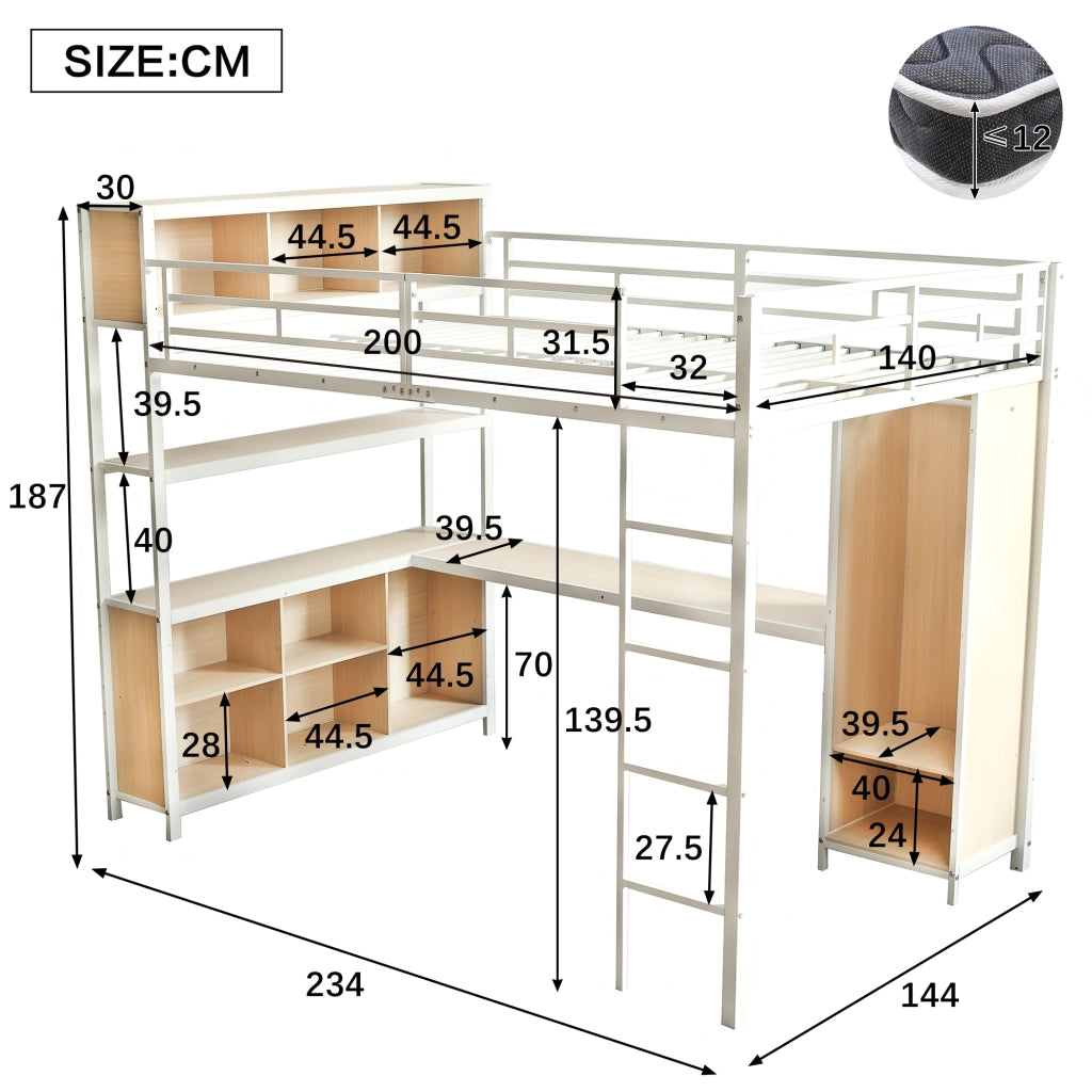 Letto a soppalco 140 × 200 cm con scrivania armadio e vani contenitore in ferro e truciolare