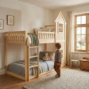 Letto a castello a casetta in pino e MDF; colore naturale; con due finestre e scala; 90x200 cm