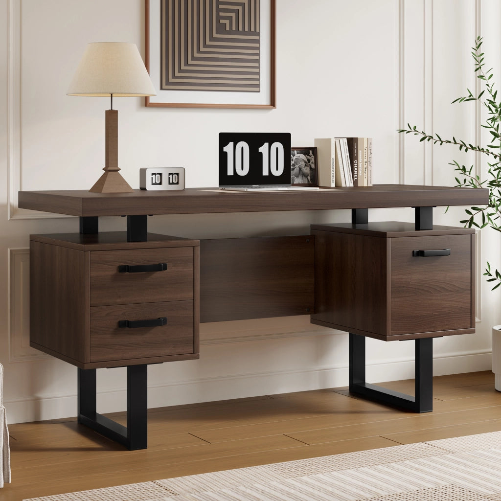 Scrivania da ufficio 135x54 cm in MDF e metallo con cassetti; marrone e nero