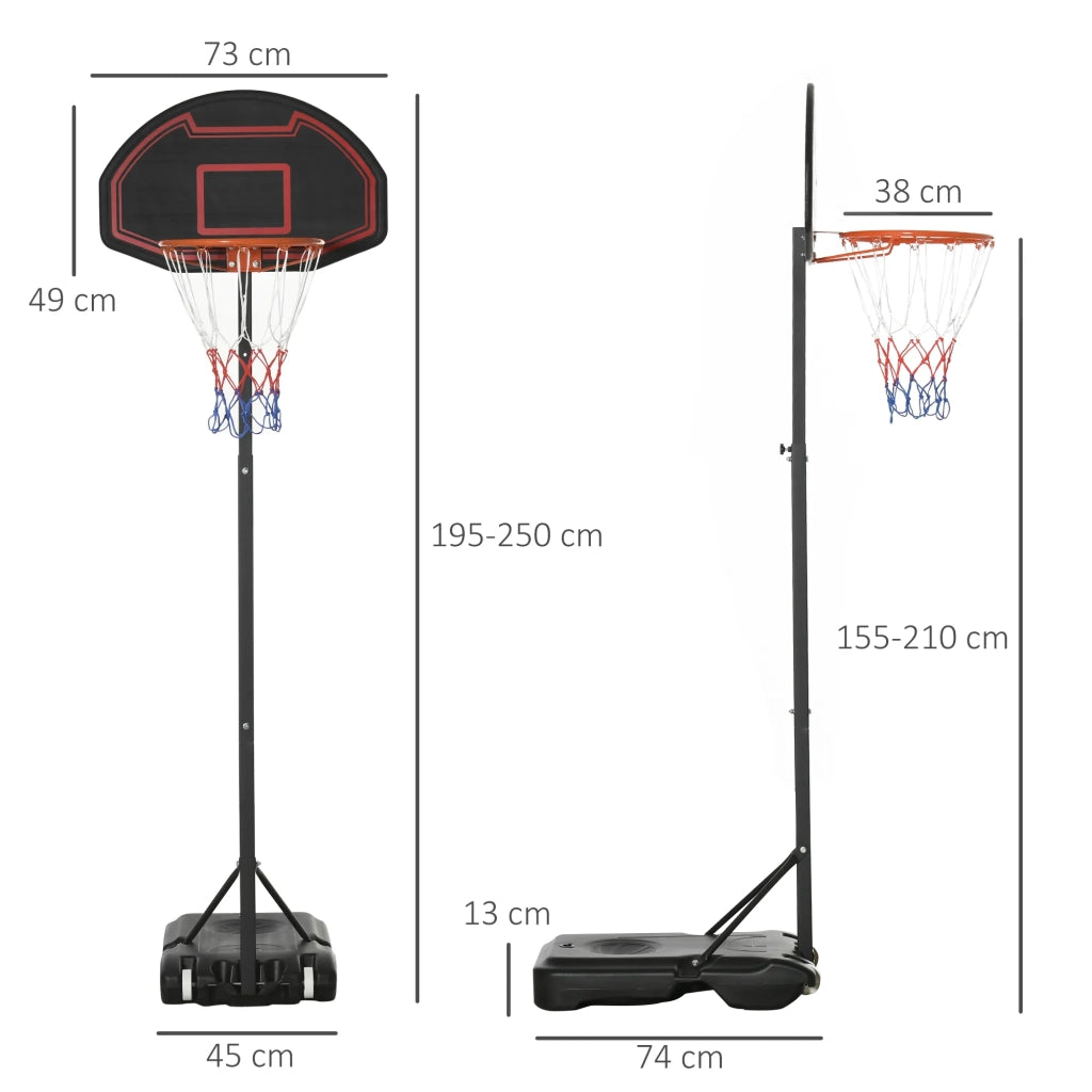 Canestro da Basket con Supporto, Altezza Regolabile 195-250 cm, per Esterno, con Ruote, per Bambini 8-14 Anni