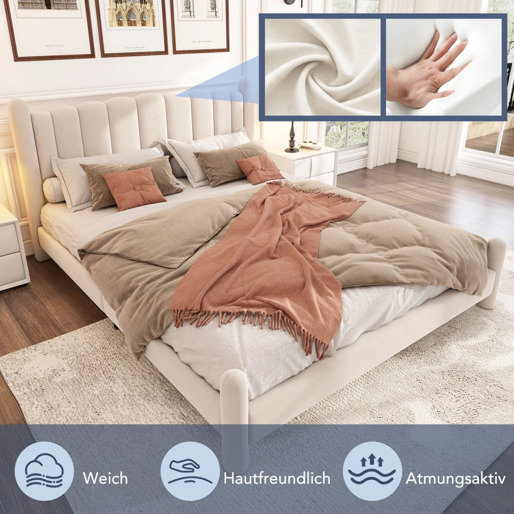 Letto imbottito 180 × 200 cm con rete a doghe e testiera ondulata rivestito in velluto beige