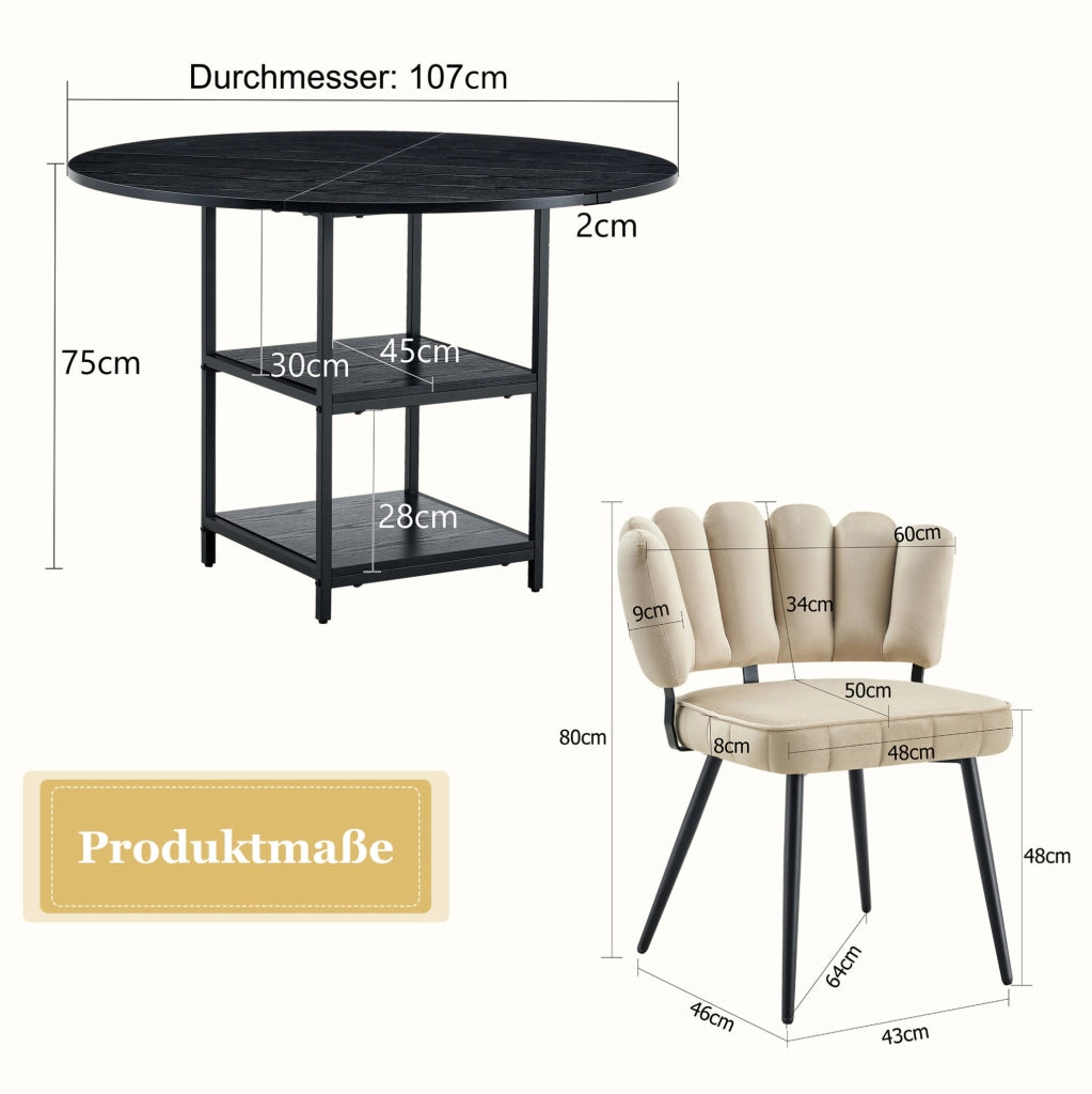 Set tavolo da pranzo rotondo Ø107 cm con 4 sedie in tessuto marrone chiaro HOMVRA