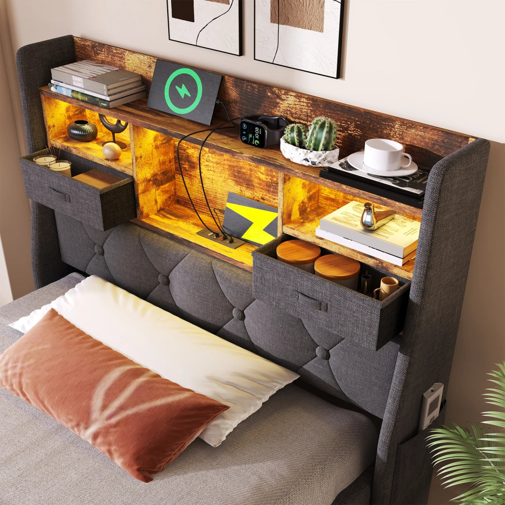 Letto contenitore 90 × 200 cm imbottito con LED e ricarica USB Type-C; lino grigio e materasso incluso