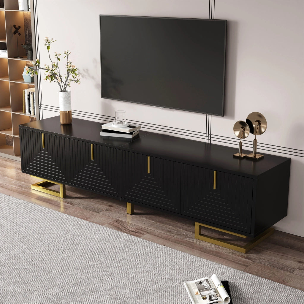 Mobile porta televisore nero da 160 cm con ante strutturate, maniglie dorate e ampio spazio