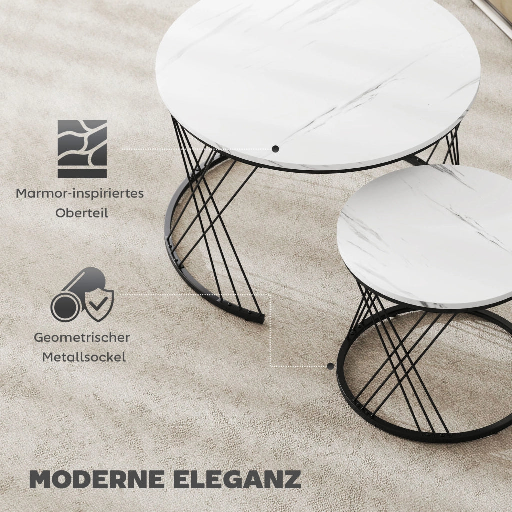 Set di 2 Tavolini da Salotto Sovrapponibili Rotondi Effetto Marmo Bianco e Metallo Design Moderno Salvaspazio per Casa