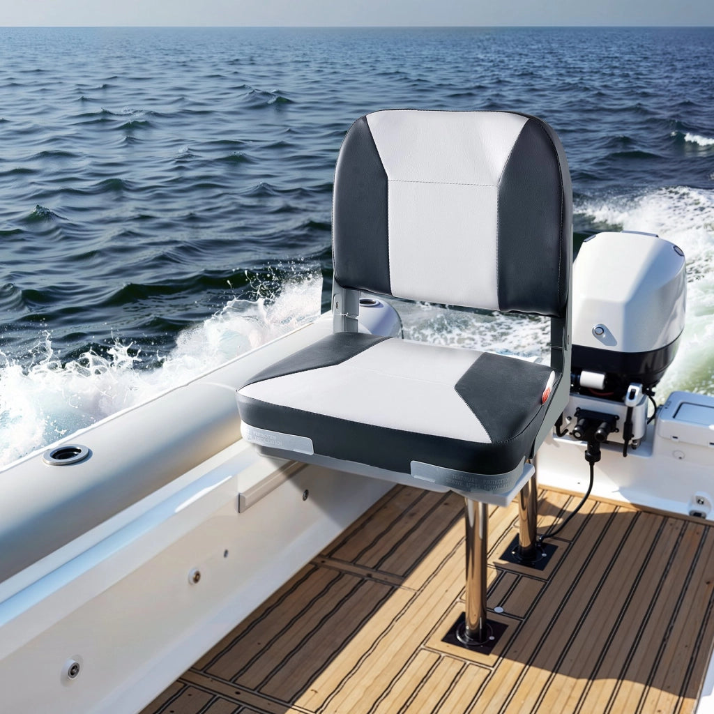 Sedile per Barca Pieghevole AD75161 1 pz con Schienale Basso in Pelle PVC Cerniere Alluminio Nero Grigio per Barca da Pesca Yacht