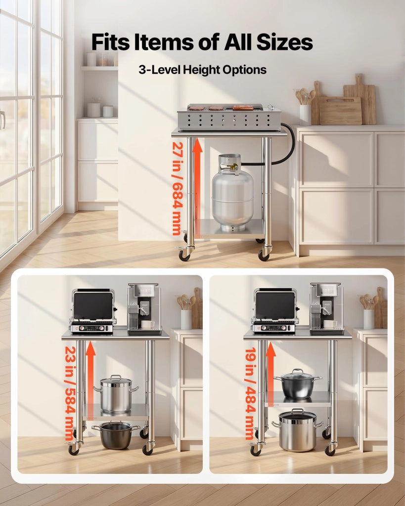 Tavolo da Lavoro in Acciaio Inox con Ruote 762 x 610 x 894 mm Carico 204 kg Tavolo per Cucina con Alzatina e Ripiano