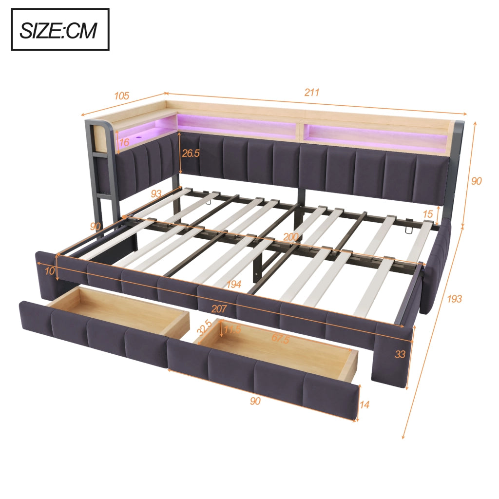 Letto estraibile 2 posti con 2 cassetti; LED regolabile; USB; Type-C e vani 90 × 200/180 × 200 cm