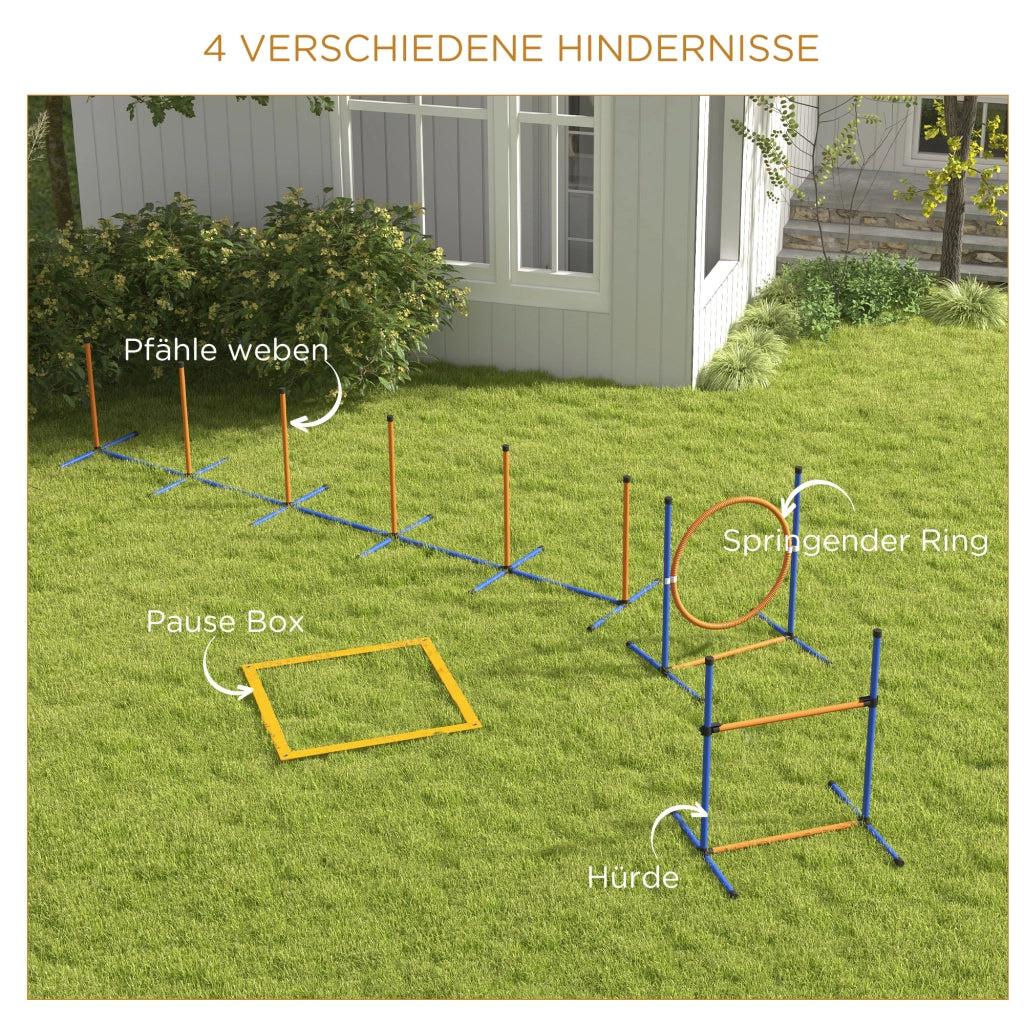 Set Agility Dog per Cani, Percorso Addestramento con Ostacoli e Slalom Regolabile per Giardino, 352 cm x 66 cm x 69 cm, Blu e Rosso
