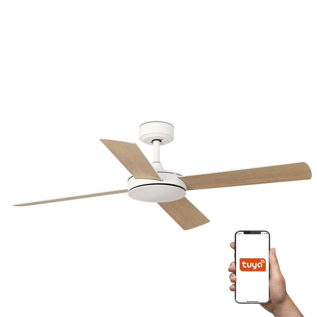 FARO Ventilatore da soffitto con sistema TUYA integrato pale reversibili bianco opaco-acero struttura in acciaio Ø1320 mm MALLORCA DC FARO-33350DCWT