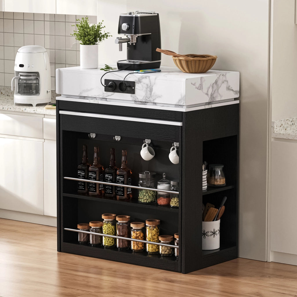 Isola cucina nera con ruote, tavolo da pranzo allungabile con piano pieghevole, prese e ganci integrati, ideale per cucina e sala da pranzo