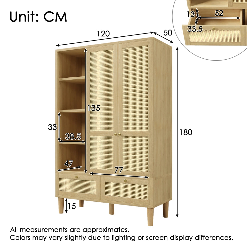 Armadio in legno massello, ante con decorazioni in vimini, 2 cassetti, ripiani aperti, color rovere