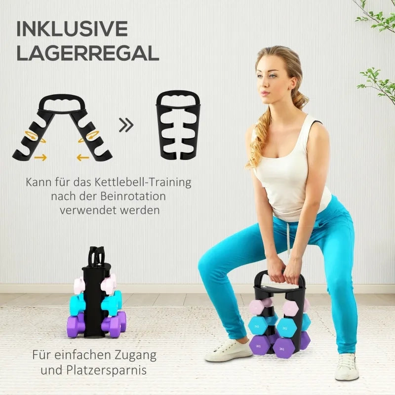 Set Manubri con Supporto, 6 Pezzi per Fitness: 2x1kg, 2x2kg, 2x3kg