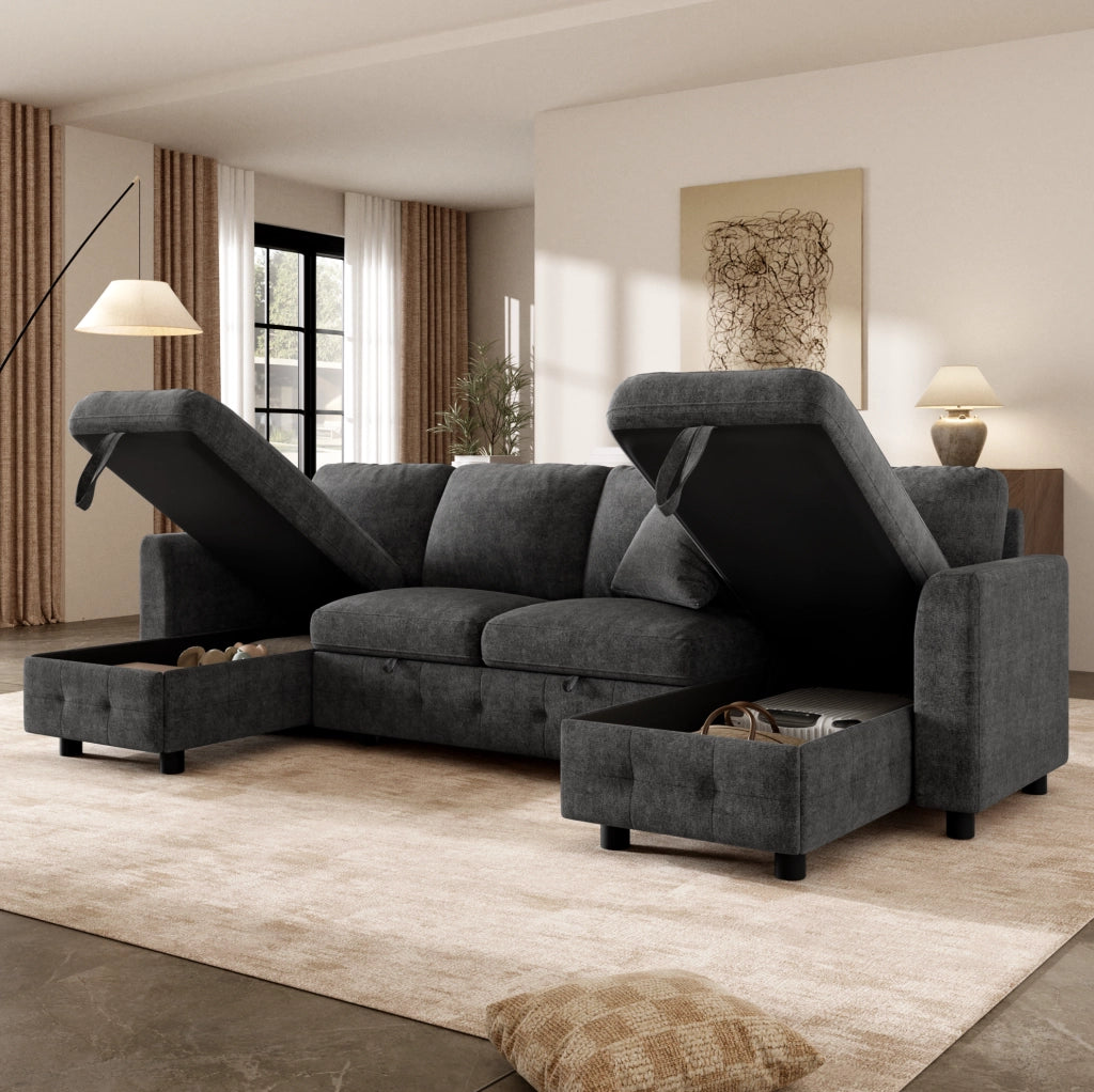 Divano letto a U estraibile 260x128 cm in ciniglia grigio scuro con USB e USB-C
