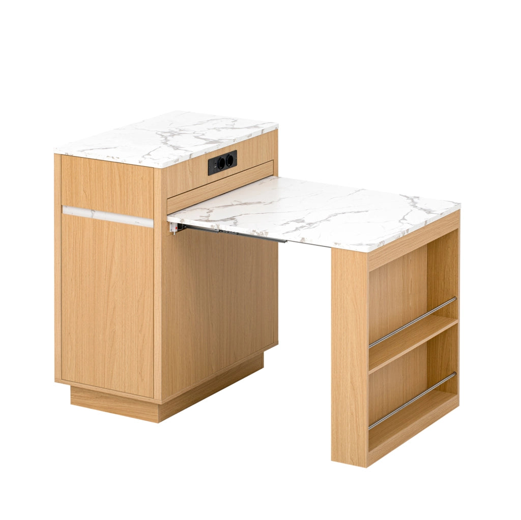 Isola cucina ULEVR estensibile 58-154x80,5x94 cm con LED, ricarica USB/Type-C, cassetti e ripiani, naturale