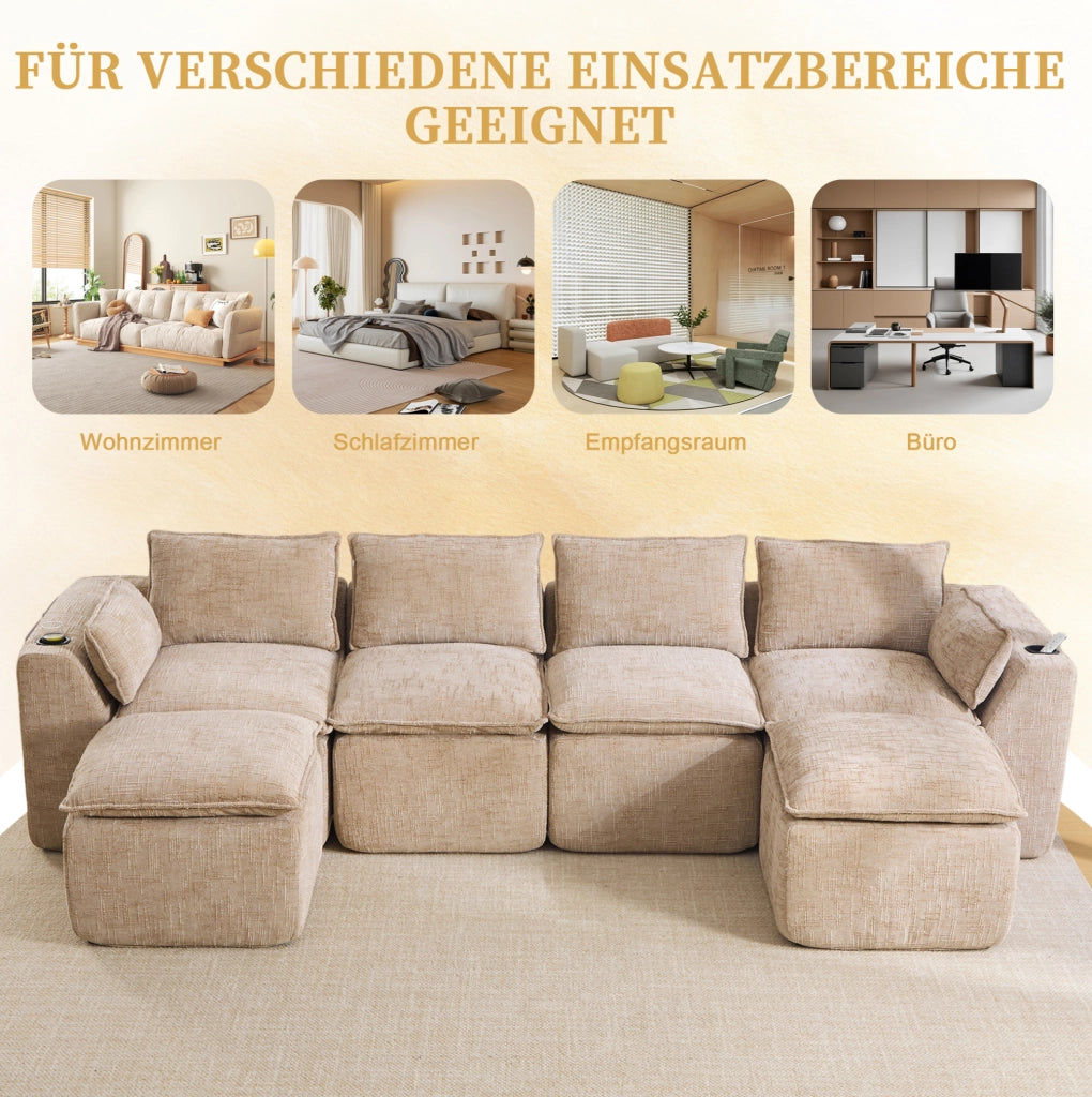 Divano modulare a 4 posti con 2 pouf, tessuto chenille kaki, cuscini, portabicchieri e tasche laterali