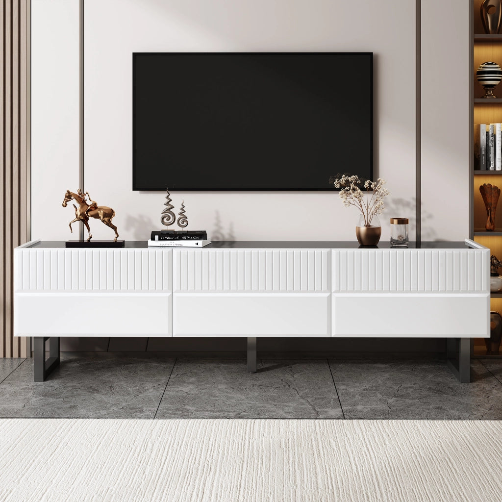 Mobile TV con cassetti; gambe in ferro e piano lucido in MDF e pannello truciolare nero e bianco 170 × 35 × 47 cm