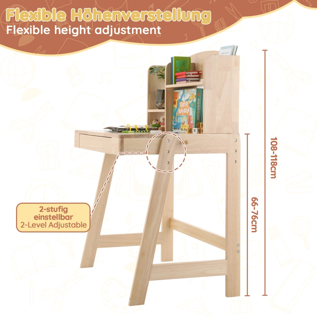Scrivania lineare per bambini con altezza regolabile cassetto vano portaoggetti e gancio in legno naturale 60 × 88,2 × 118 cm