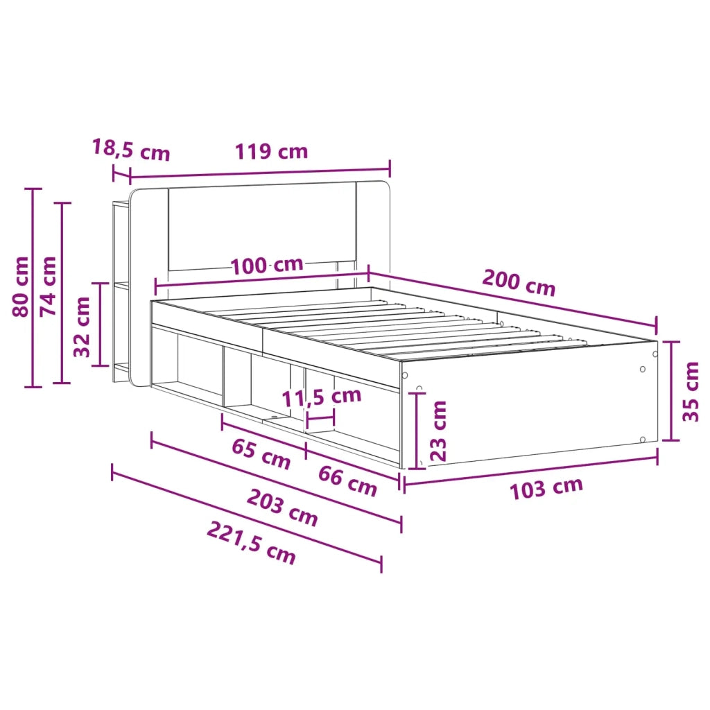 Letto singolo | Letto per adulti | Telaio del letto con storage Sonoma grigio 100 x 200 cm