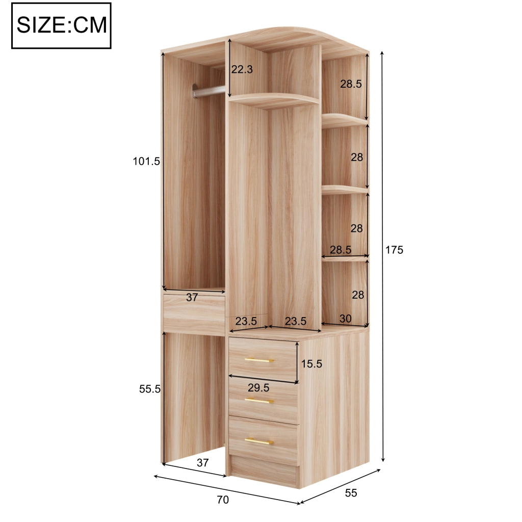 Armadio autoportante con vano appendiabiti ripiani aperti e cassetti in MDF 70 × 55 × 175 cm