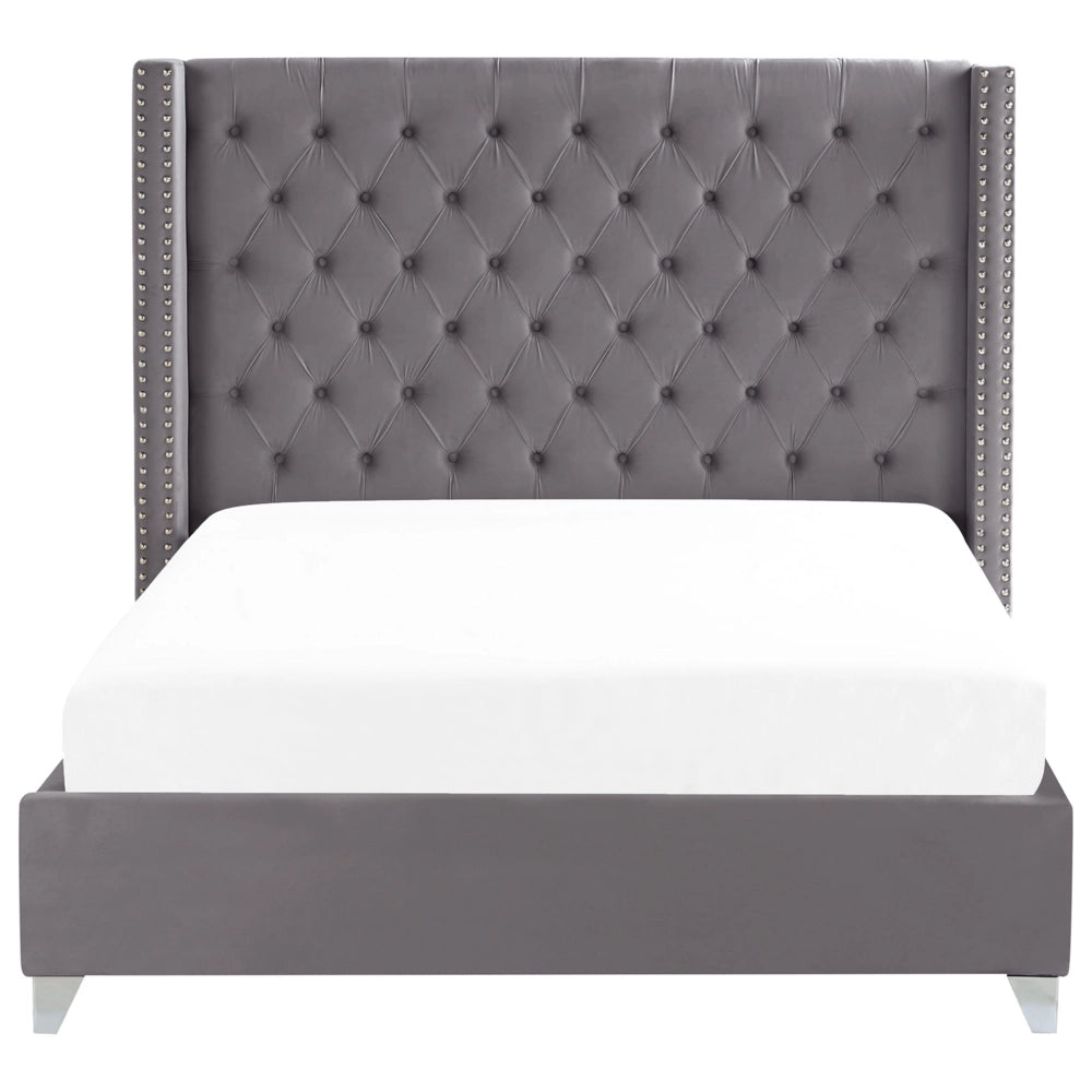 Letto a doghe velluto grigio imbottito trapuntato poggiatesta copritesta piedi 160 x 200 king size design glam