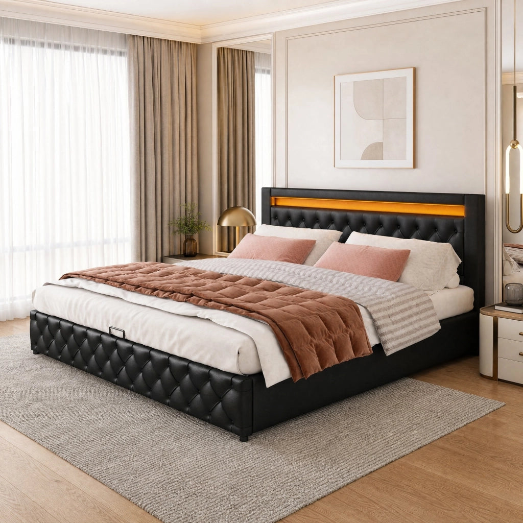 Letto matrimoniale 140x200 cm con contenitore e LED; rivestimento in PU nero