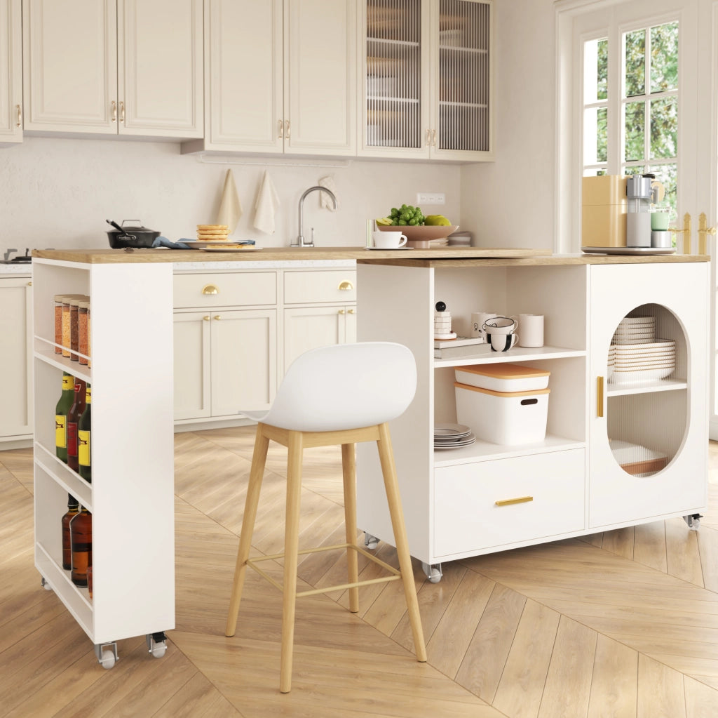 Isola da cucina mobile con piano girevole 360°, con spazio contenitivo, cassetto e ripiano regolabile, 120–180×60×90 cm, bianco e finitura naturale