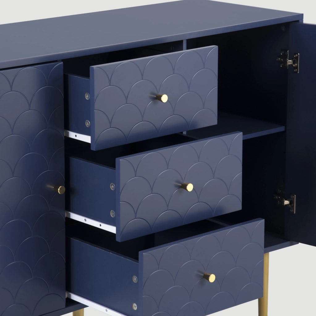 Credenza 120 x 40 x 83 cm in truciolare e metallo blu navy, 2 ante, 3 cassetti