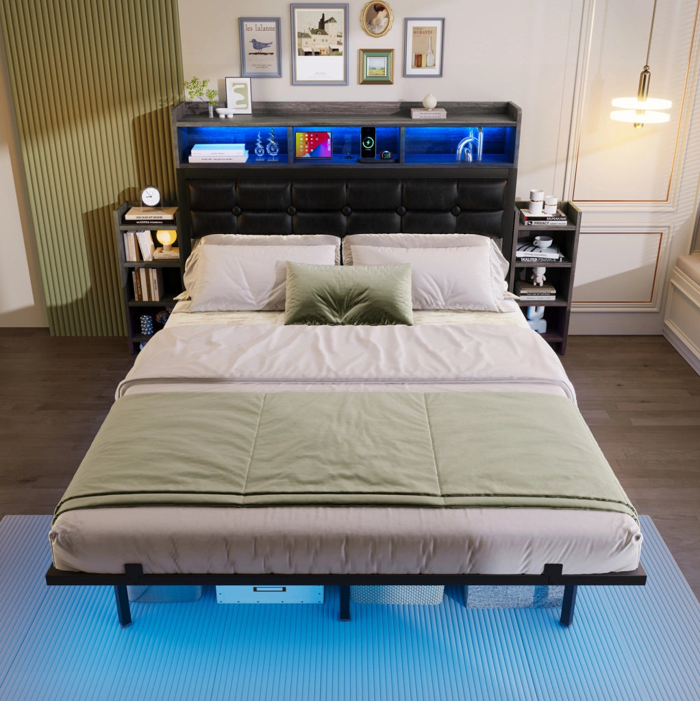 Letto matrimoniale con LED, ricarica USB e comodini estraibili