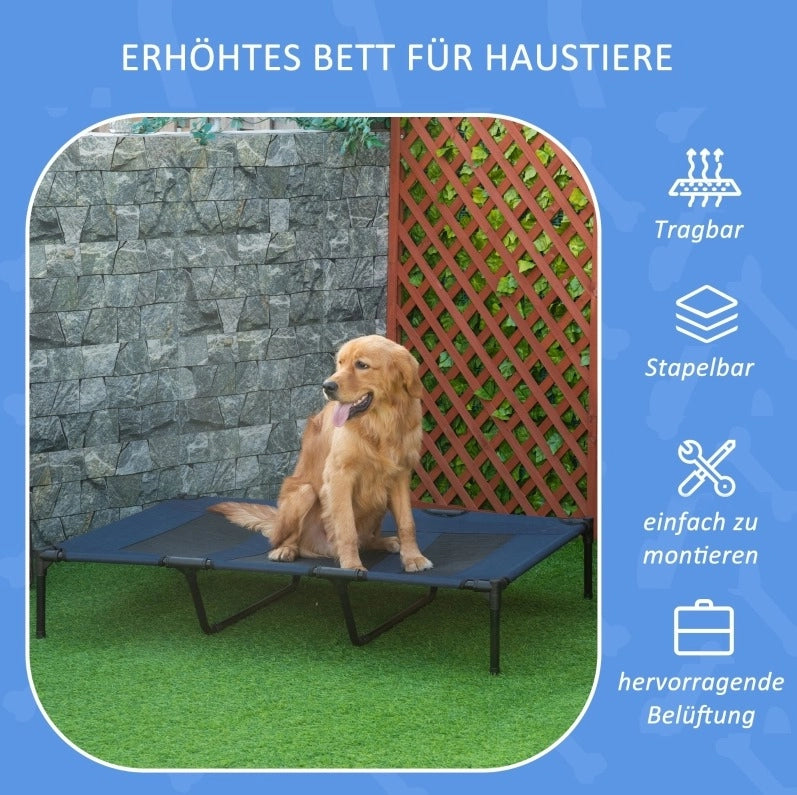 Lettino pieghevole rialzato da esterno per cani 122 x 92 x 23 cm metallo blu con borsa