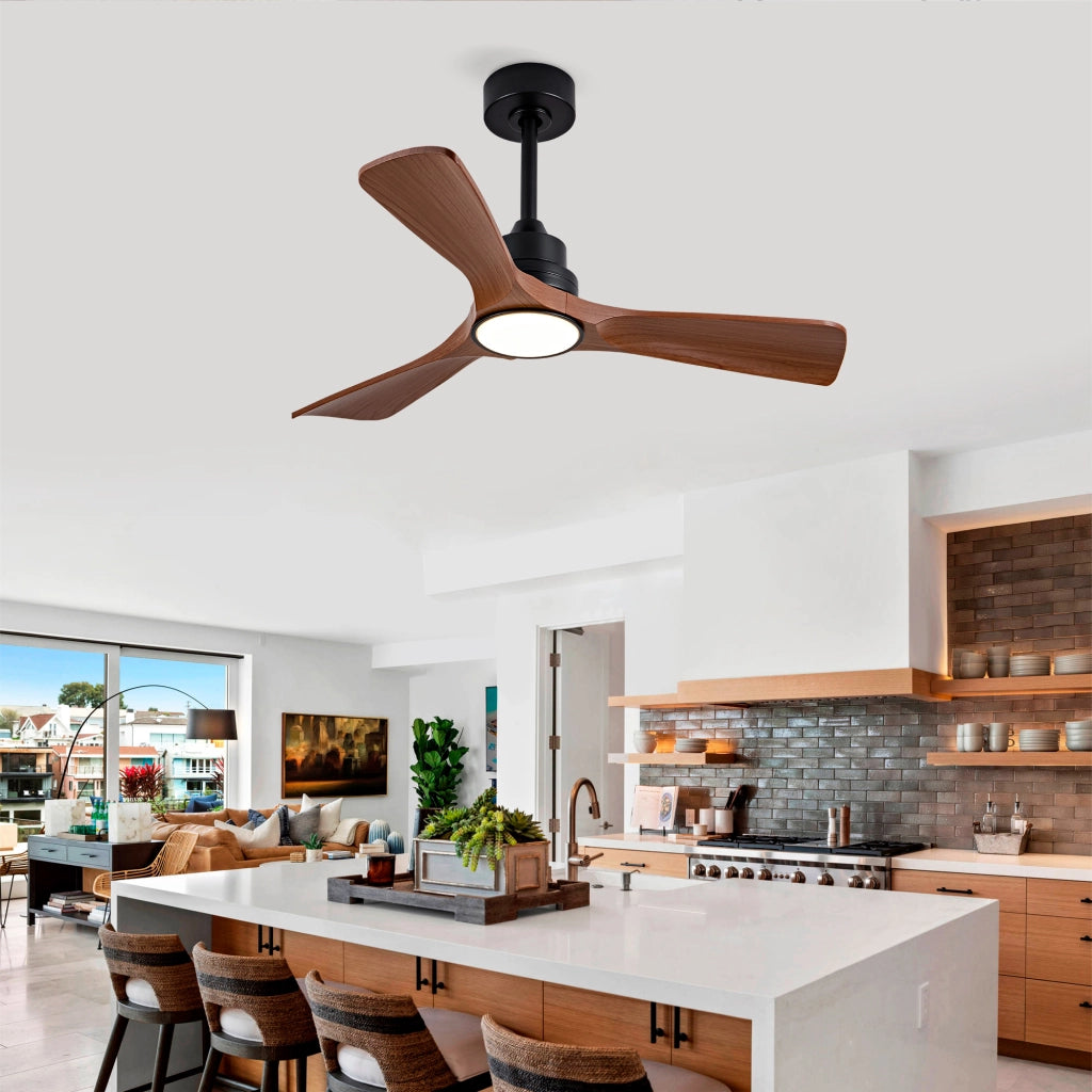 Ventilatore da soffitto con luce LED integrata; motore DC reversibile; pale in ABS nero e noce scuro