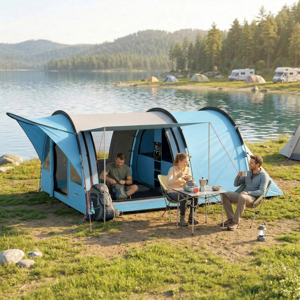 Tenda da Campeggio a Tunnel 4 Persone 3-4 Stagioni Impermeabile 3000mm Altezza 2 m Soggiorno XL 3,7 m Blu