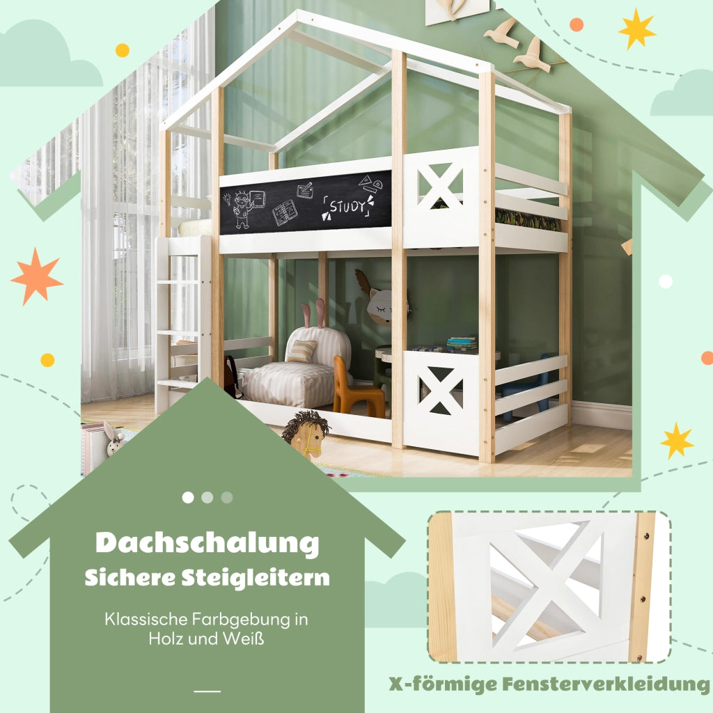 Letto a castello per bambini a casetta con scala 90 x 200 cm, 2 reti a doghe - Naturale e Bianco