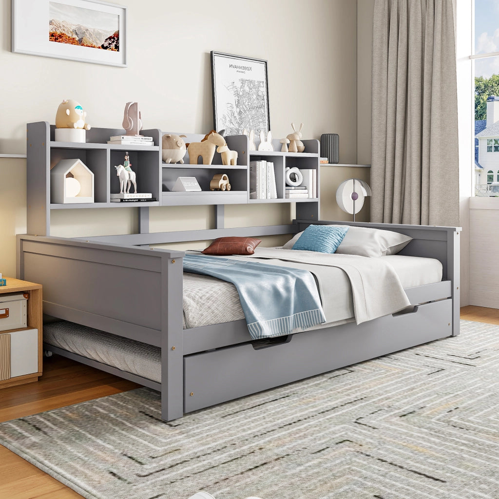 Letto con letto estraibile 90 × 200 cm con secondo letto 90 × 190 cm ripiani posteriori rete a doghe legno grigio