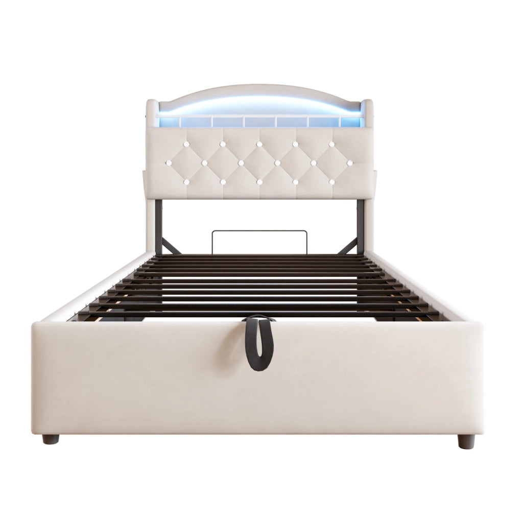 Letto imbottito per bambini 90x200 cm con contenitore; LED; USB e Type-C; beige
