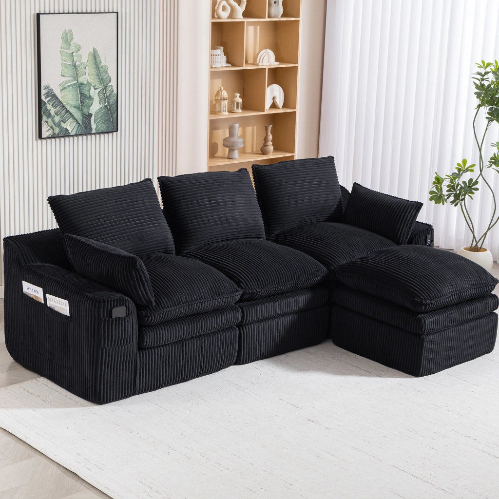 Divano modulare 3 posti in velluto a coste con pouf, cuscini e 2 tasche laterali, imbottitura a 3 strati con molle per un rapido ritorno elastico, nero