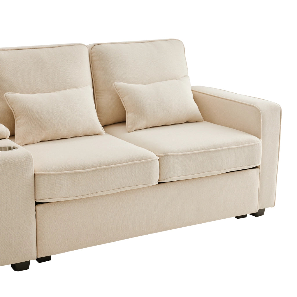 Divano 4 posti 290x83x88 cm con console, USB e portabevande in tessuto effetto lino beige