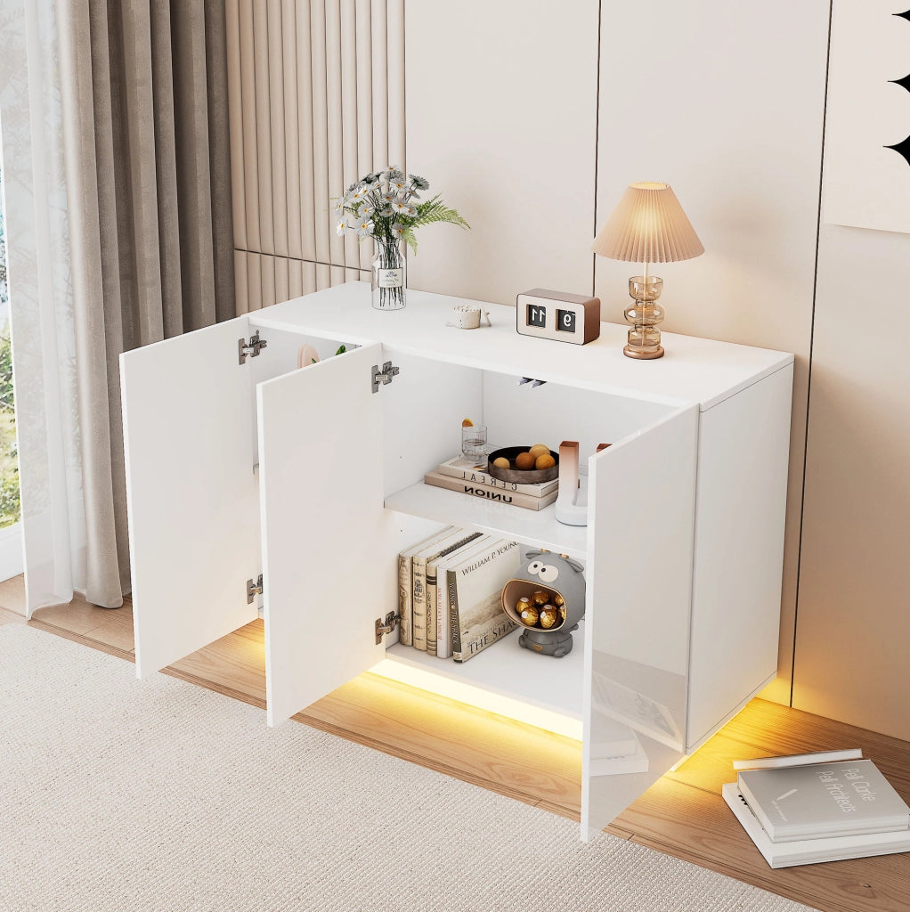 Sideboard bianco lucido con luci LED a basamento 120x40x75 cm design minimalista