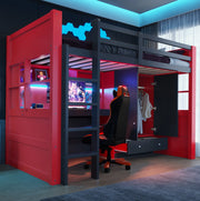 Letto a soppalco 90 x 200 cm in legno con scala; LED; prese; armadio; cassetti e scrivania; nero e rosso