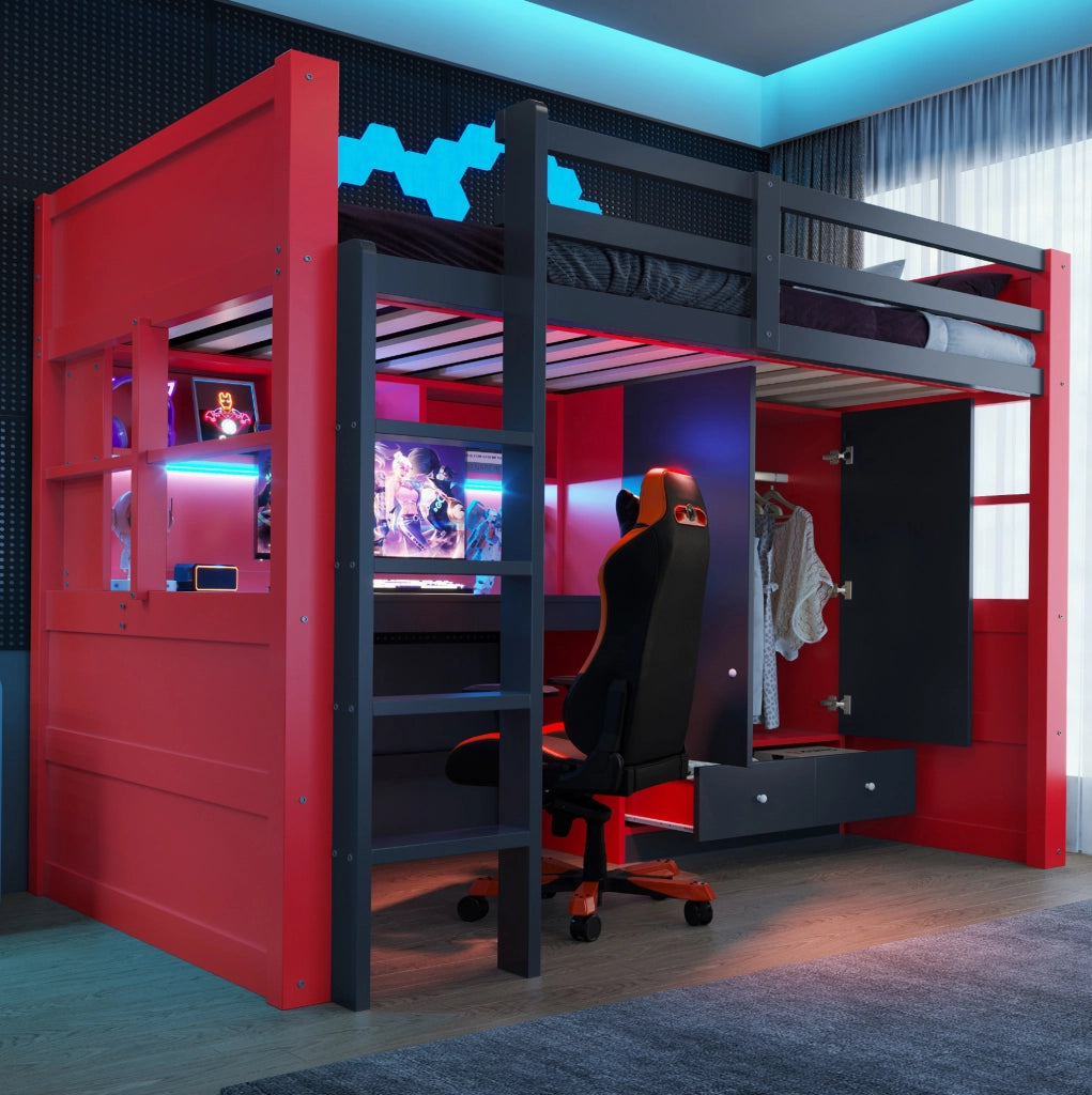 Letto a soppalco 90 x 200 cm in legno con scala; LED; prese; armadio; cassetti e scrivania; nero e rosso