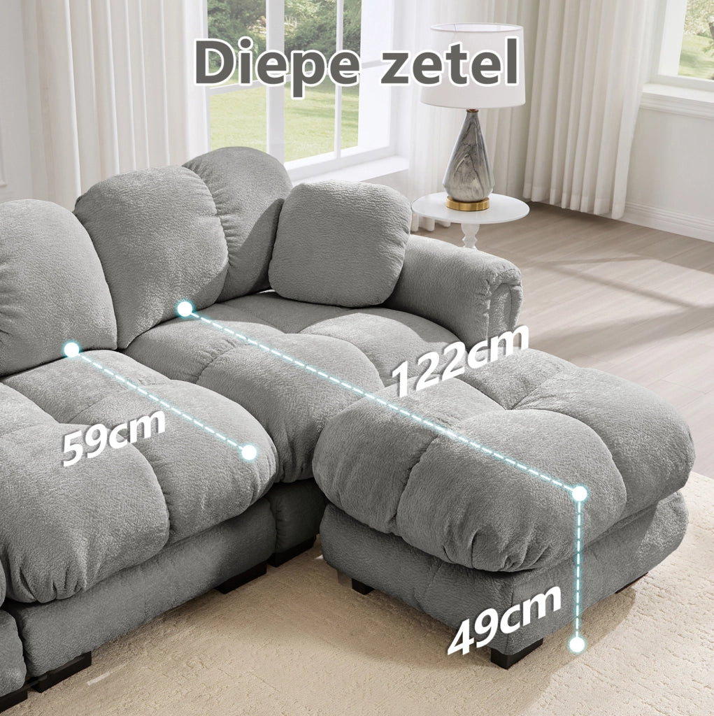 Divano modulare in chenille grigio chiaro 330x86x90 cm con cuscini imbottiti e schienale ergonomico