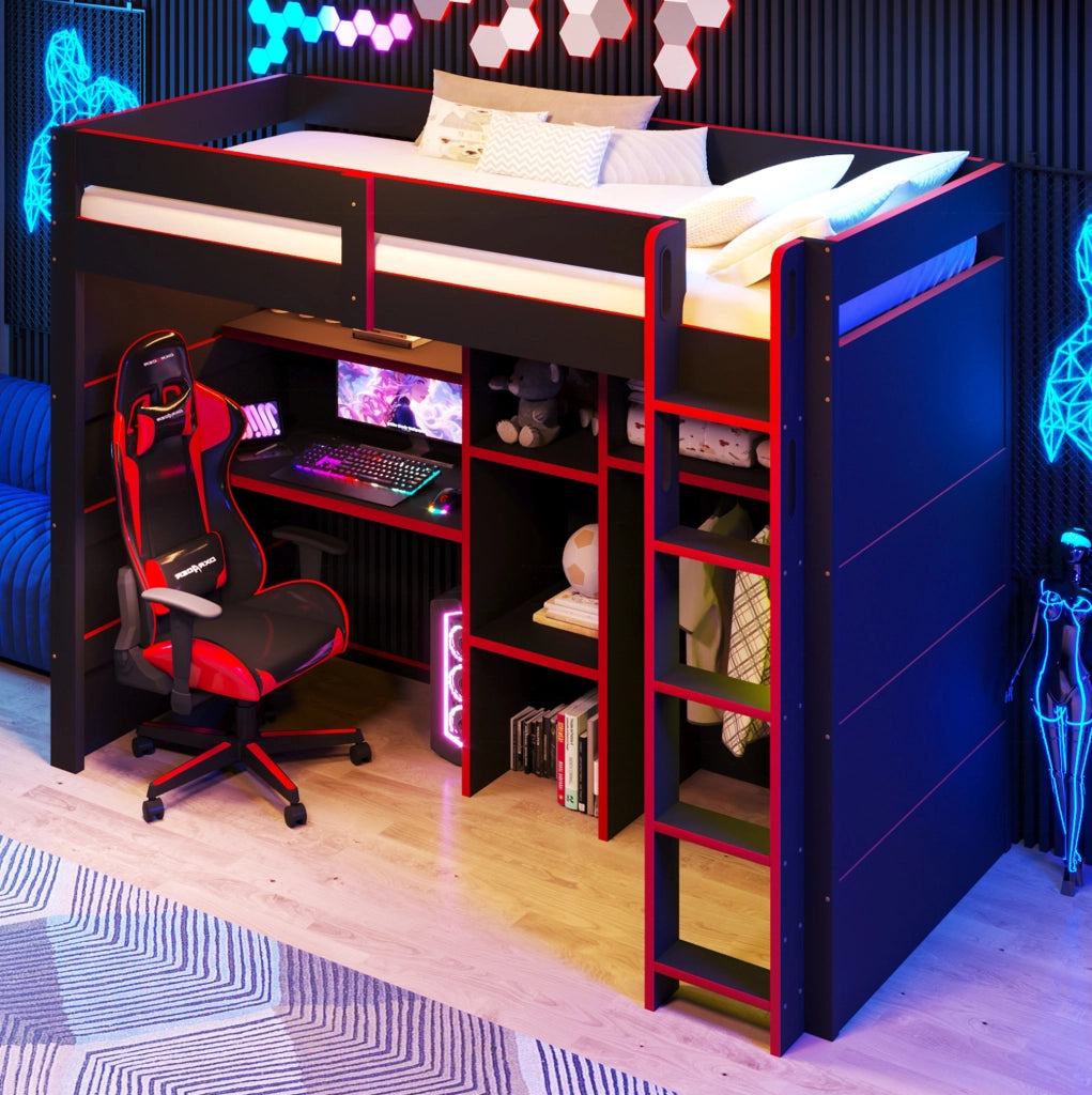 Letto a soppalco gaming 90x200 cm con scrivania; armadio; LED e USB nero e rosso HOMVRA