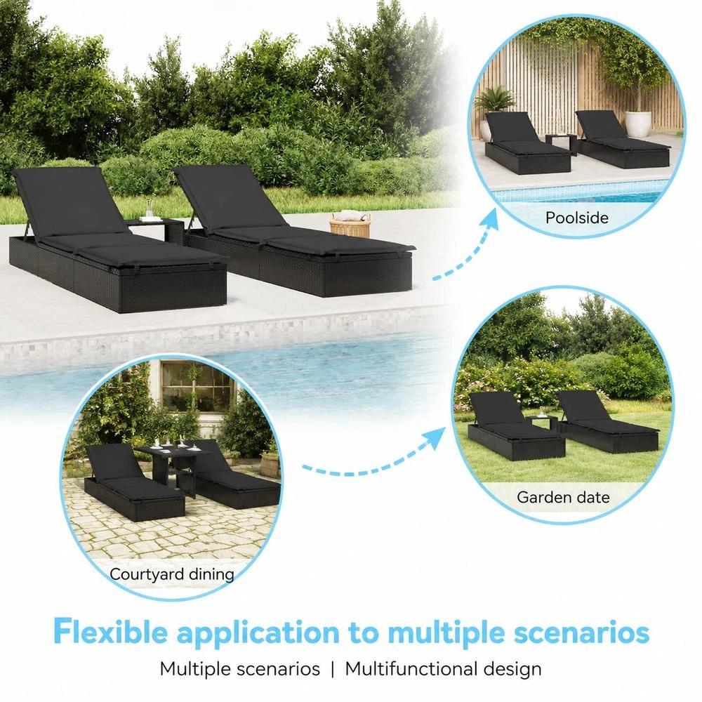 Sun Loungers (2 Pieces) With Table, Black Poly Rattan