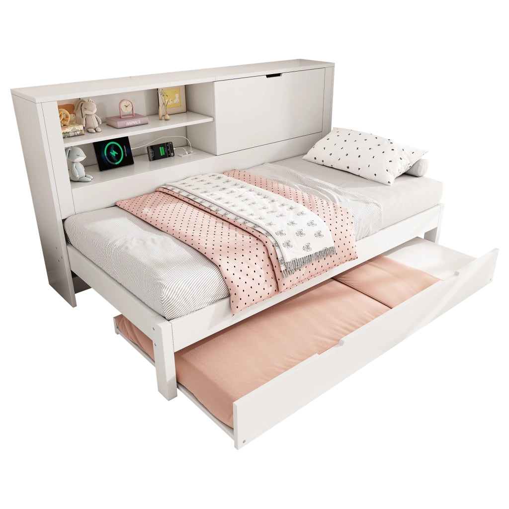 Letto divano 90×200 cm con letto estraibile 90×190 cm; vani; USB e USB-C; 2 posti; senza materasso; bianco