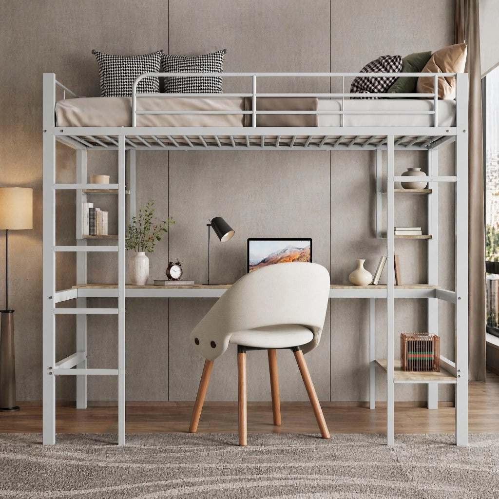 Letto a soppalco 90x200 cm con scrivania e libreria in metallo e MDF; bianco