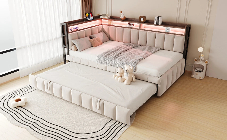 Divano letto ULEVR 90x200 cm estraibile con LED, USB e Type-C, vani portaoggetti, velluto beige