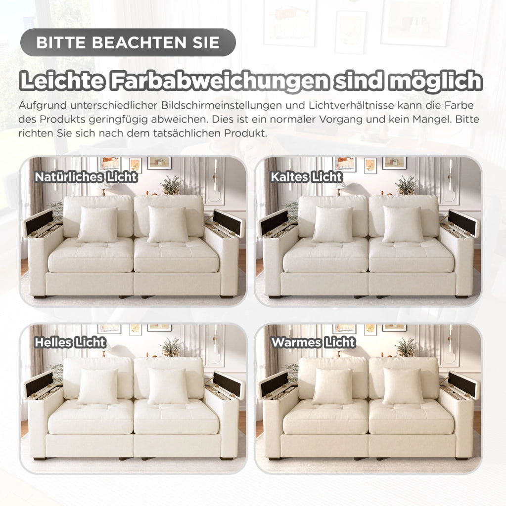 Divano 2 posti in chenille beige con contenitore nei braccioli, tasche laterali e 2 cuscini