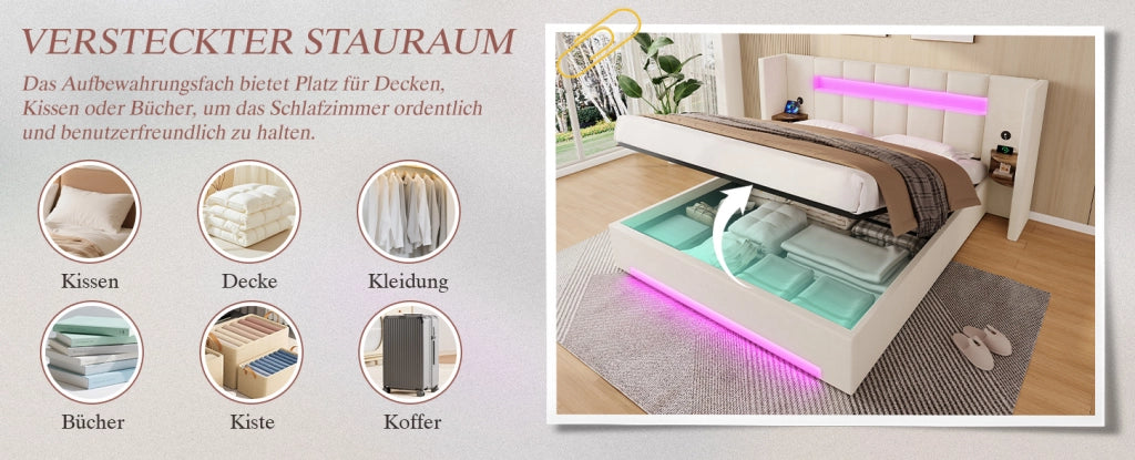 Letto con struttura in velluto 160x200 cm con testiera larga, doppi USB, armadietti retro, luci LED e grande contenitore sottostante con tessuto non tessuto