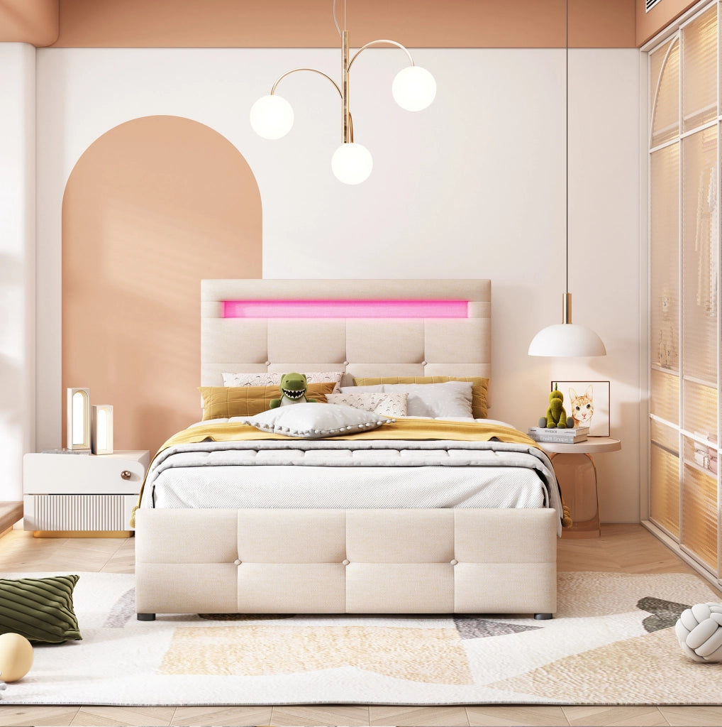 Letto singolo imbottito con LED; 2 cassetti e rete a doghe; beige
