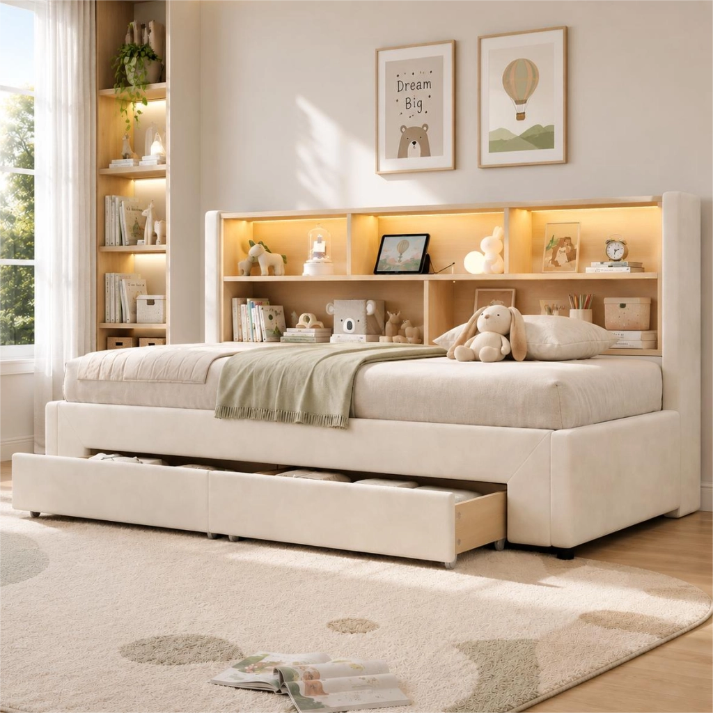 Letto con cassetti 90 × 200 cm estraibile fino a 180 × 200 cm in velluto beige con LED e porte USB